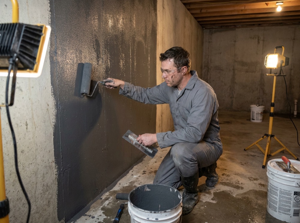 Basement waterproofing specialist sealing a foundation wall in Vancouver